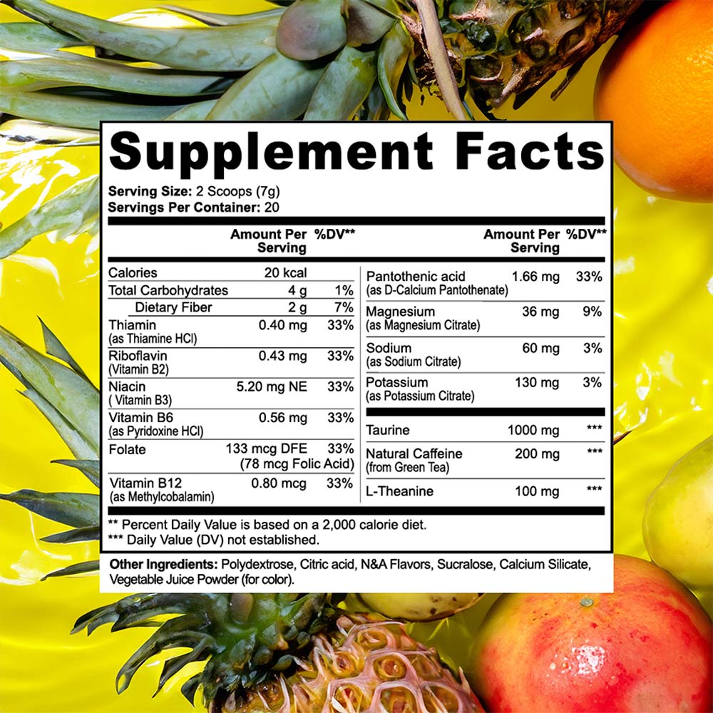Supplement facts label with fruits in the background